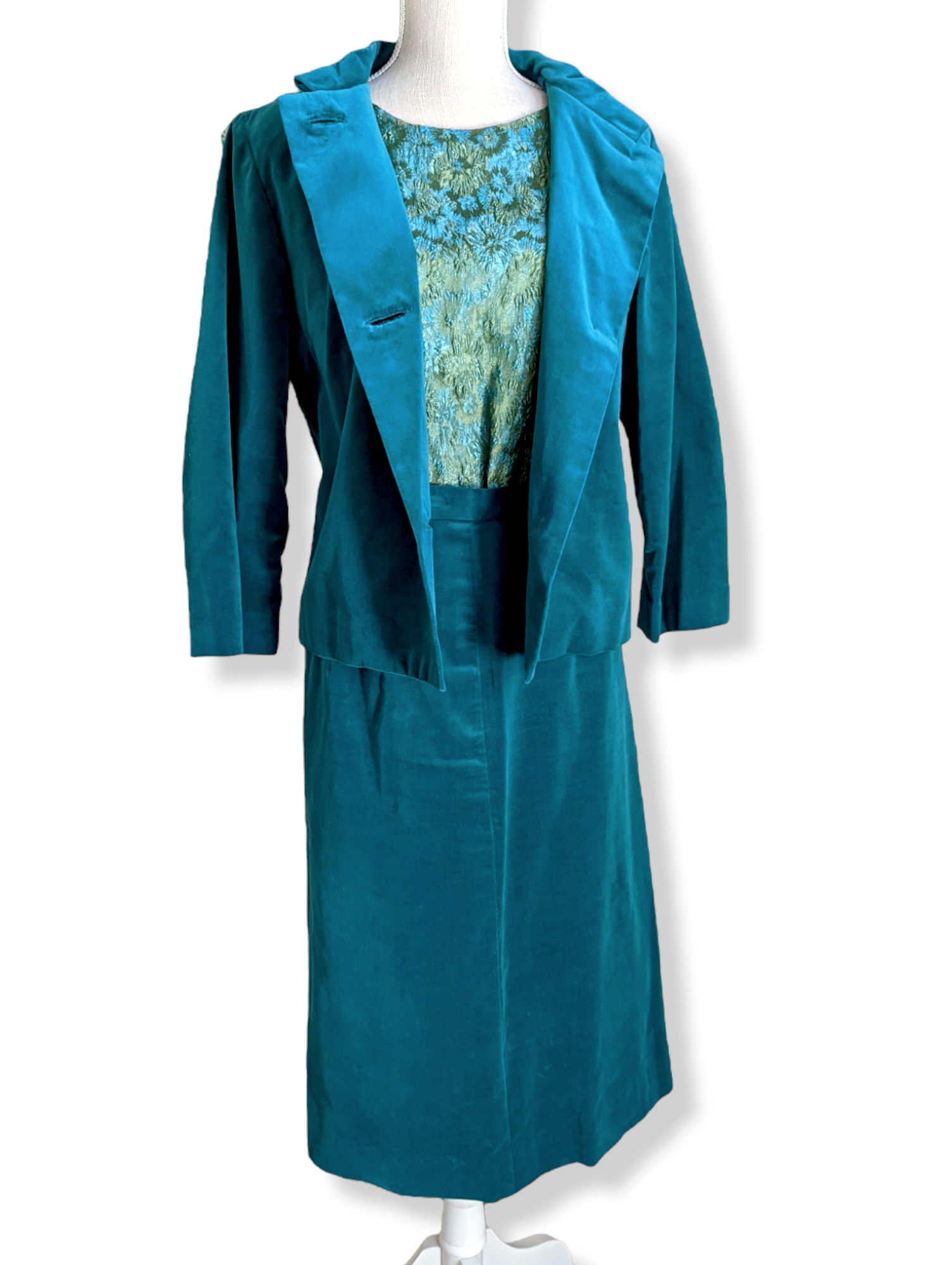 1960s Emerald Green, Lime, Blue and Teal Velour Velvet Brocade 3 Piece   HobbyBobbins