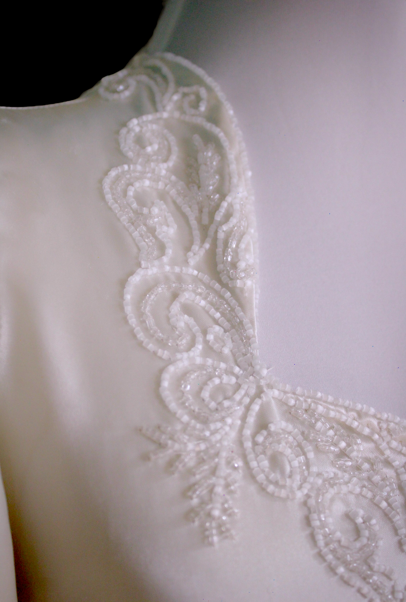 1940s Hollywood Glamour Slipper Satin Wedding Dress in Soft White with Queen Anne Neckline, Extra Long Train and Detailed Hand Beading