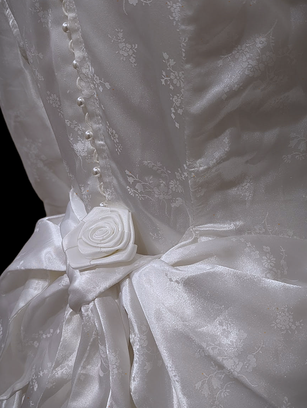 1980s Vintage Prairie Floral Wedding Gown in Bright White Satin with Large Ribbon and Rosette
