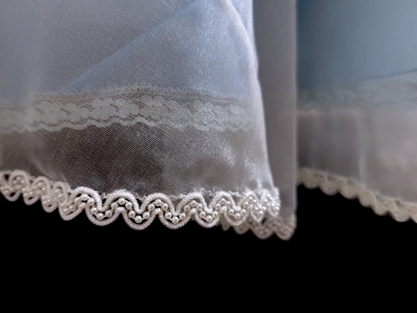 1972 Blue Wedding Dress with Bishop Sleeves, Scoop Neckline, and Hand Beaded Details