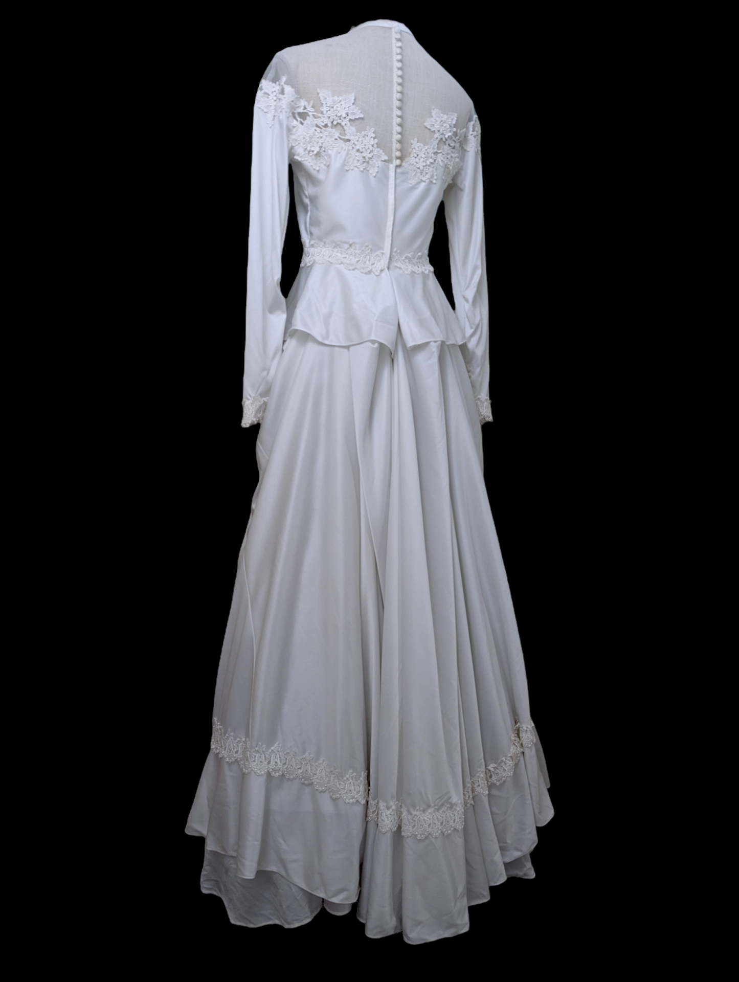 1960s Peplum and Floral Lace Long Sleeve Wedding Dress with Scoop Neckline in Brilliant White