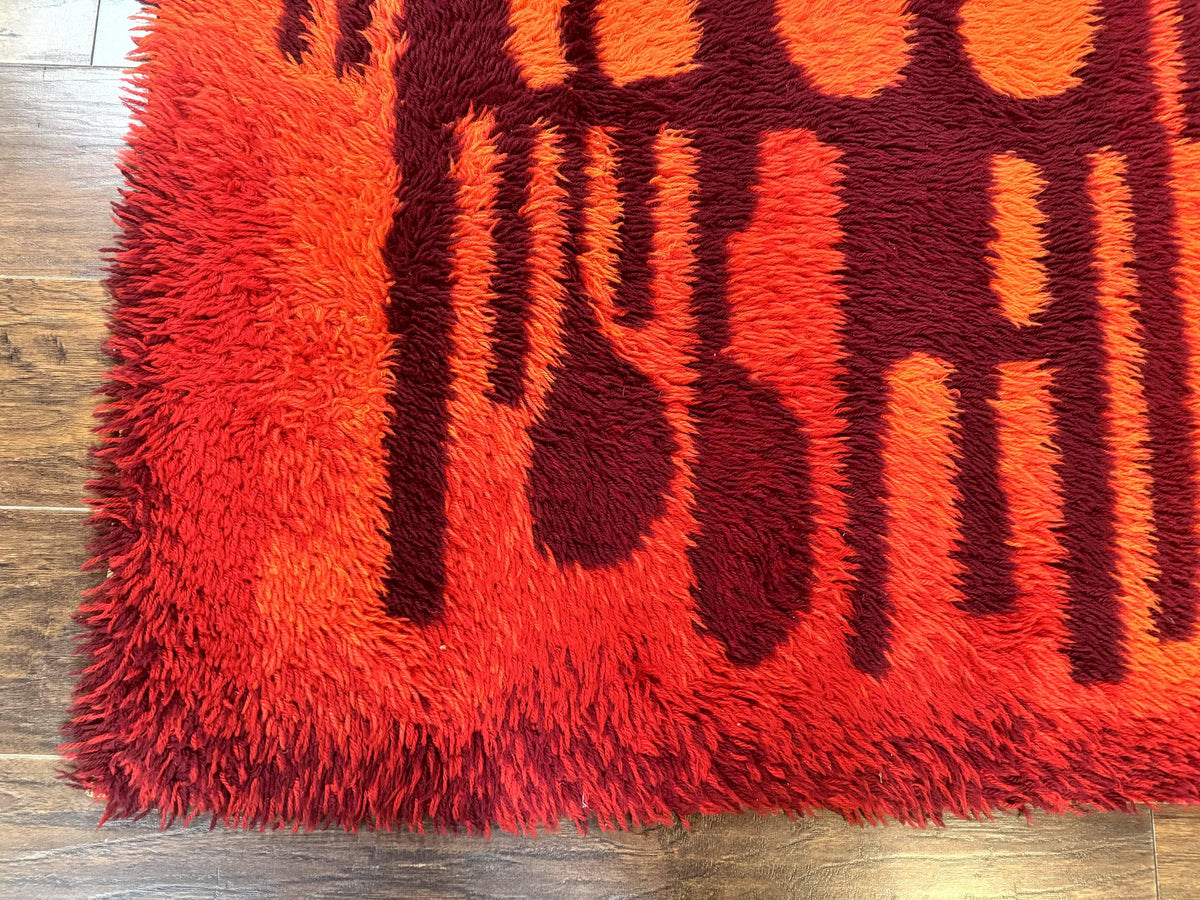 Danish Rya Shag Rug 4x6, Red Vintage Mid Century Retro Abstract Shag Rug