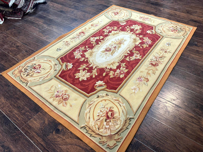 Aubusson Rug 4x6, Red, Floral, European Design, Vintage, Wool