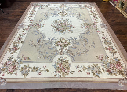 Aubusson Needlepoint Rug 9x12, VIntage Handmade Wool Beige Floral European Elegant Rug 9 x 12, Floral Roses