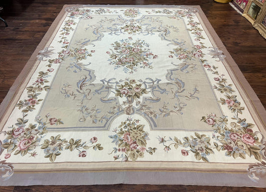 Aubusson Needlepoint Rug 9x12, VIntage Handmade Wool Beige Floral European Elegant Rug 9 x 12, Floral Roses