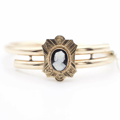 Antique Victorian Onyx Cameo Bypass Bangle Bracelet In 10-12K Gold Fill