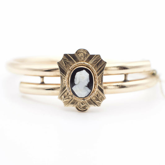 Antique Victorian Onyx Cameo Bypass Bangle Bracelet In 10-12K Gold Fill