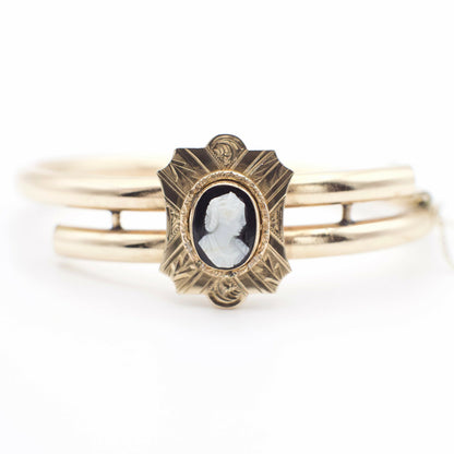 Antique Victorian Onyx Cameo Bypass Bangle Bracelet In 10-12K Gold Fill