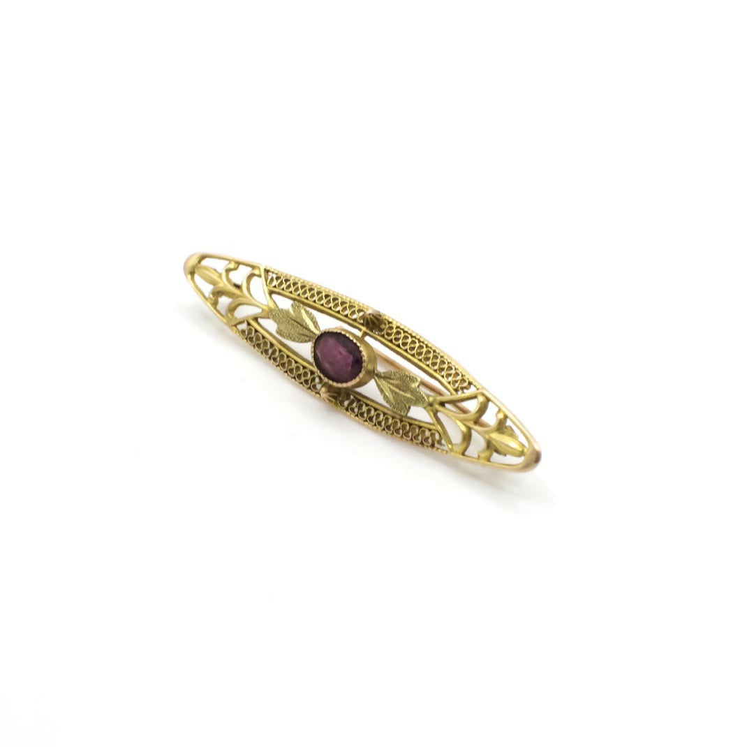 Antique 10K Yellow Gold Filigree Amethyst Pin