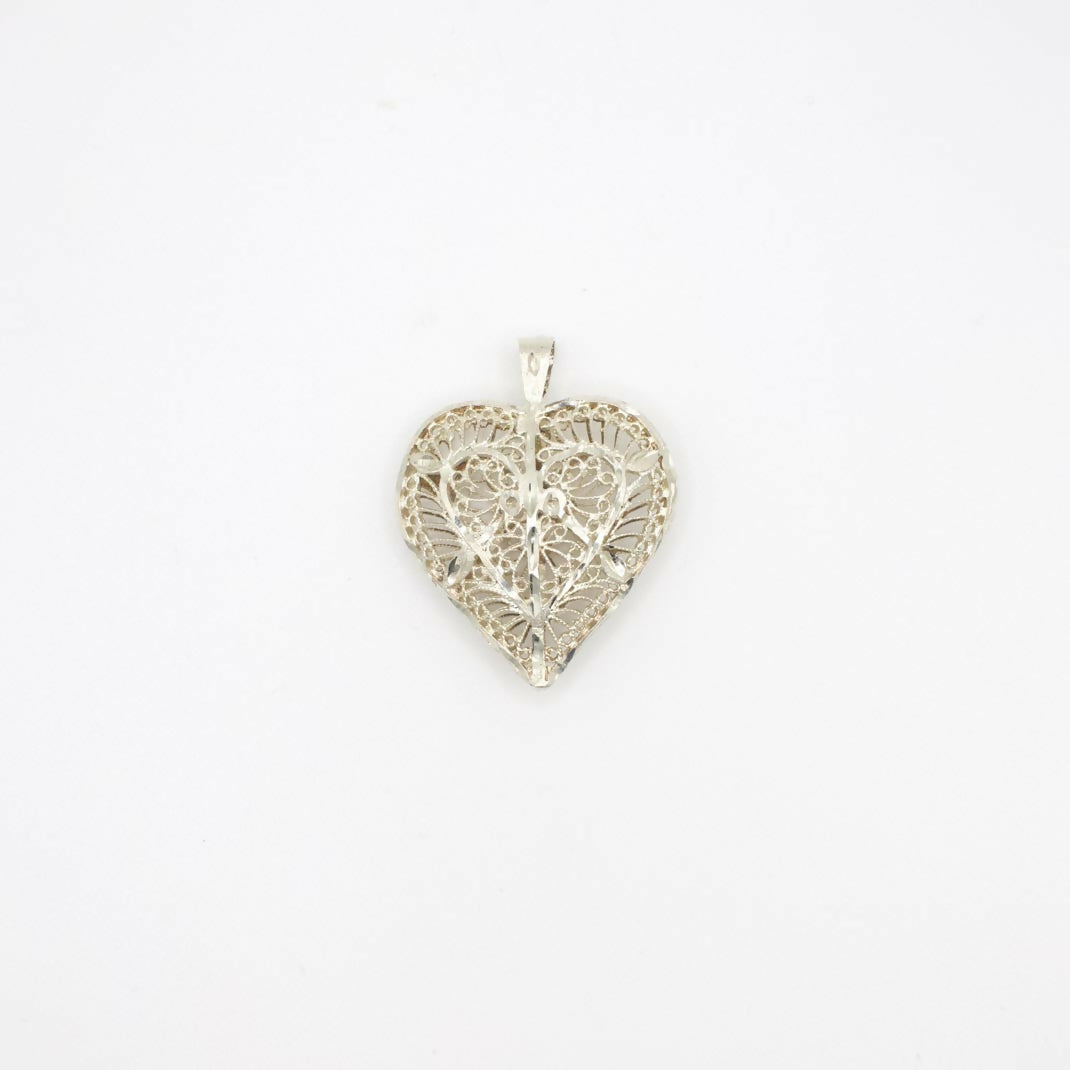 Vintage 14K White Gold Filigree Puff Heart Pendant