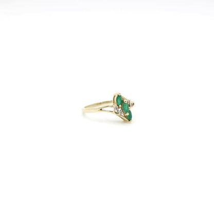 Estate Vintage Genuine Diamond and Emerald Bypass Shank Ring In 14K Plumb Yellow Gold