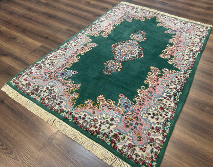 Persian Kerman Rug 4x6, Green Ivory Pink, Wool Vintage, Semi Open Field
