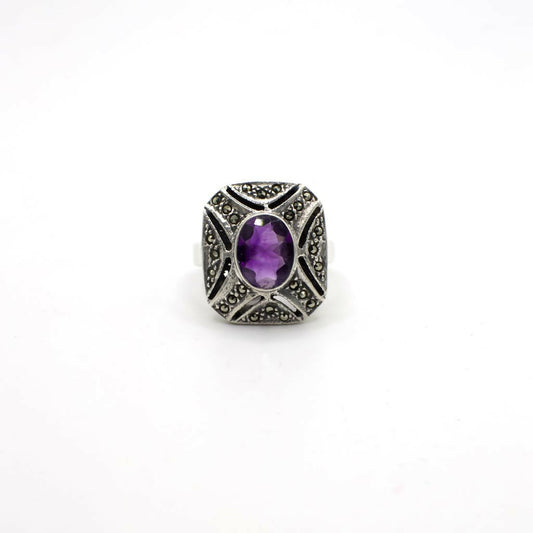 Vintage Genuine Amethyst and Marcasite Sterling Silver Ring