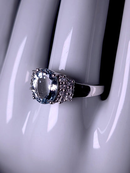 Vintage Large Genuine Aquamarine Solitaire with White Topaz Accents Sterling Silver Ring