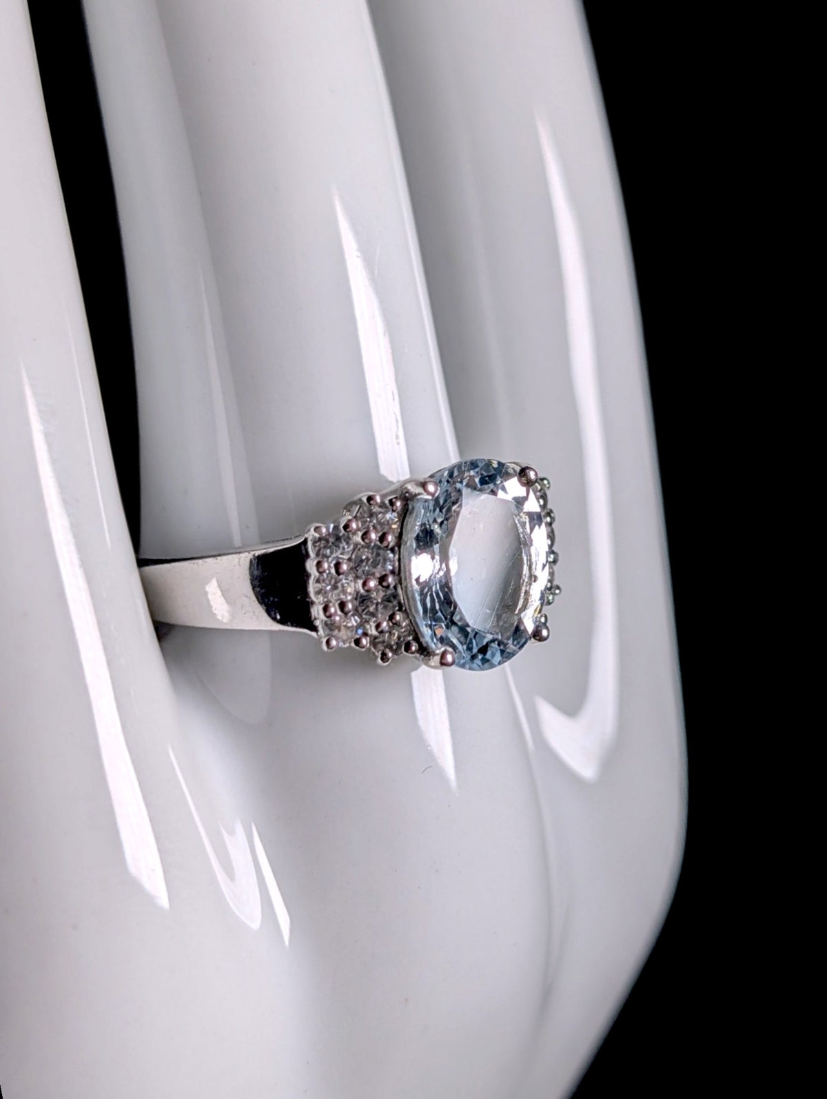 Vintage Large Genuine Aquamarine Solitaire with White Topaz Accents Sterling Silver Ring