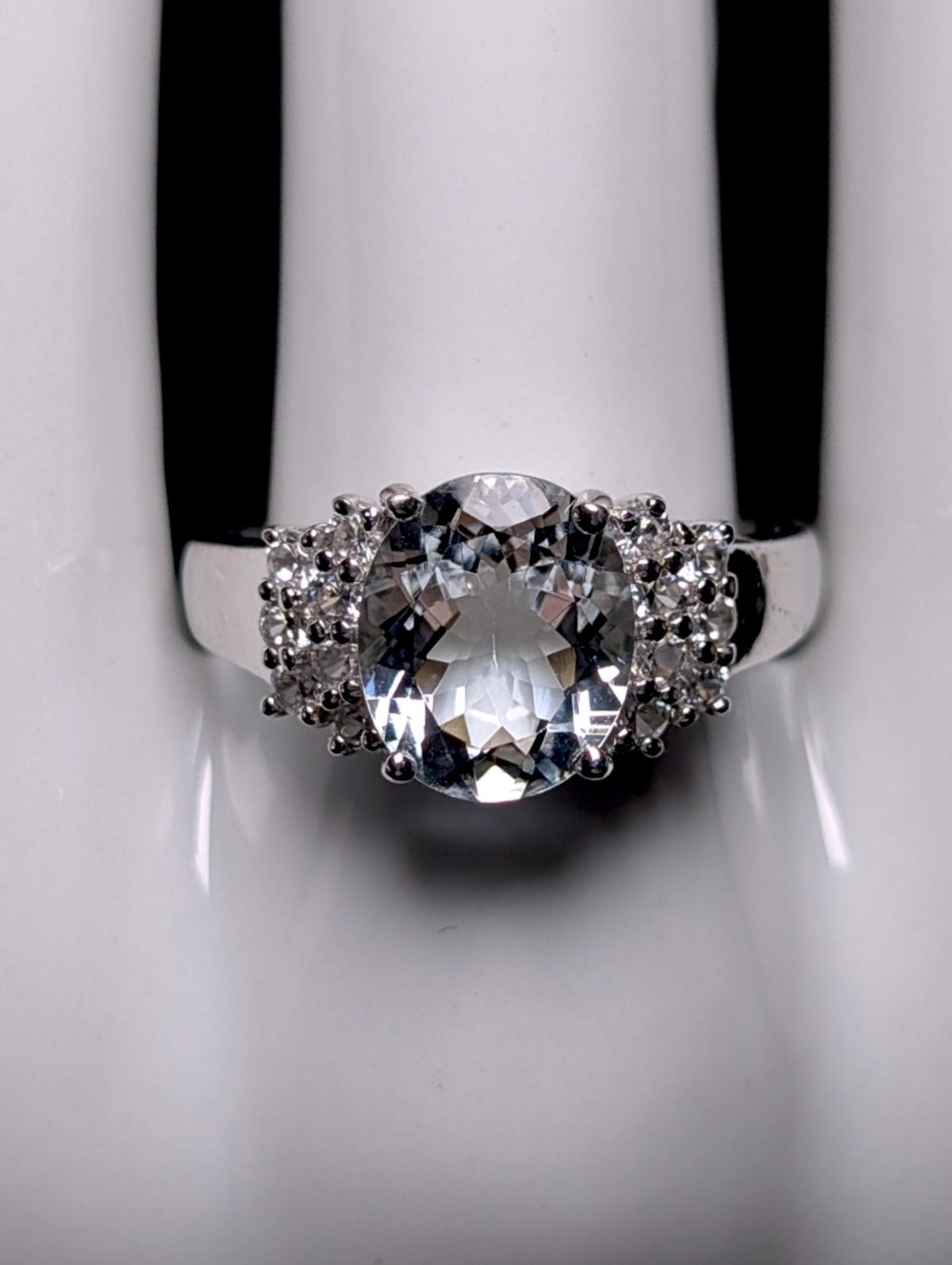 Vintage Large Genuine Aquamarine Solitaire with White Topaz Accents Sterling Silver Ring