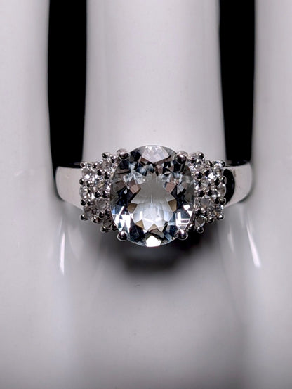 Vintage Large Genuine Aquamarine Solitaire with White Topaz Accents Sterling Silver Ring