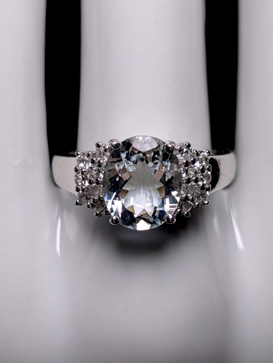 Vintage Large Genuine Aquamarine Solitaire with White Topaz Accents Sterling Silver Ring