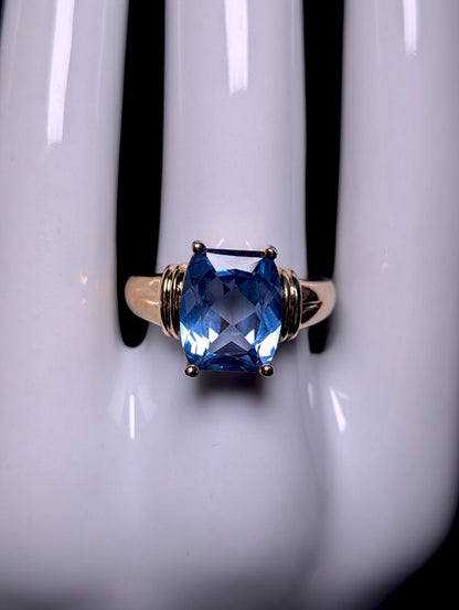 Vintage Radiant Cut Genuine Blue Topaz Solitaire 10k Gold over Sterling Silver Ring