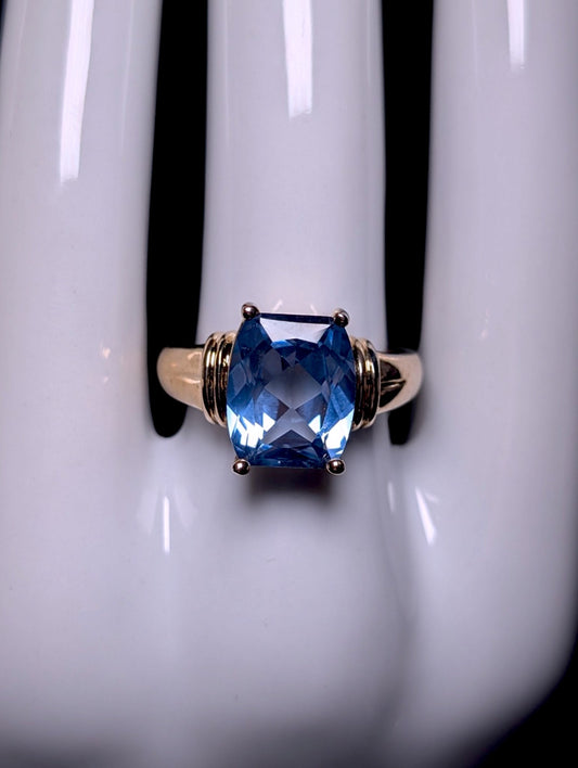 Vintage Radiant Cut Genuine Blue Topaz Solitaire 10k Gold over Sterling Silver Ring