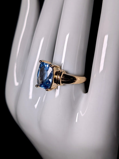 Vintage Radiant Cut Genuine Blue Topaz Solitaire 10k Gold over Sterling Silver Ring