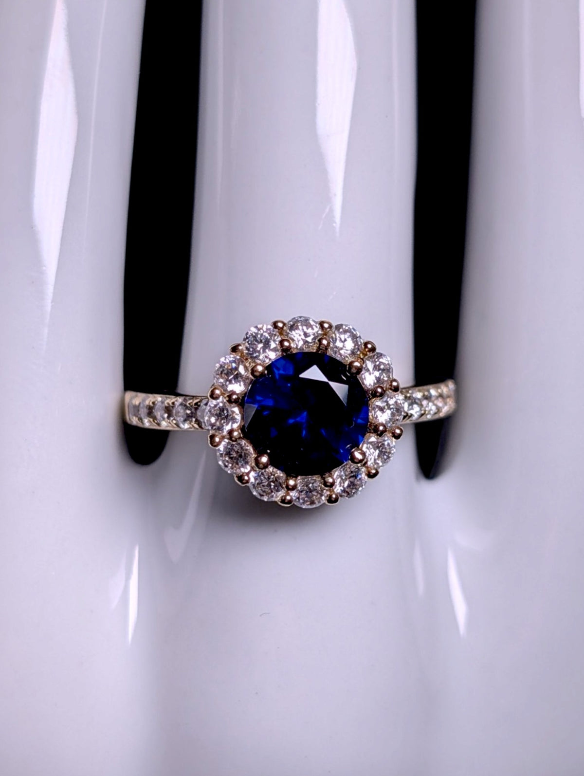Vintage Round Cut Genuine Blue Sapphire Solitaire with Simulated Diamond Halo 10k Gold over Sterling Silver Ring