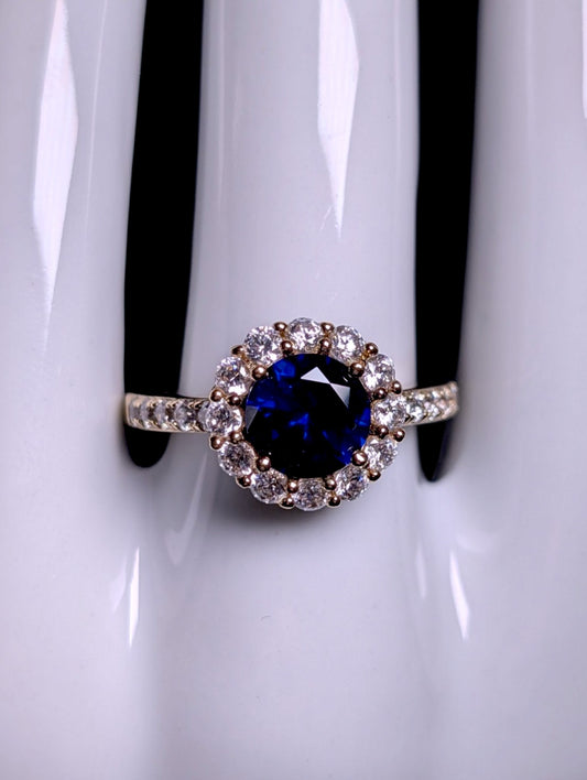 Vintage Round Cut Genuine Blue Sapphire Solitaire with Simulated Diamond Halo 10k Gold over Sterling Silver Ring