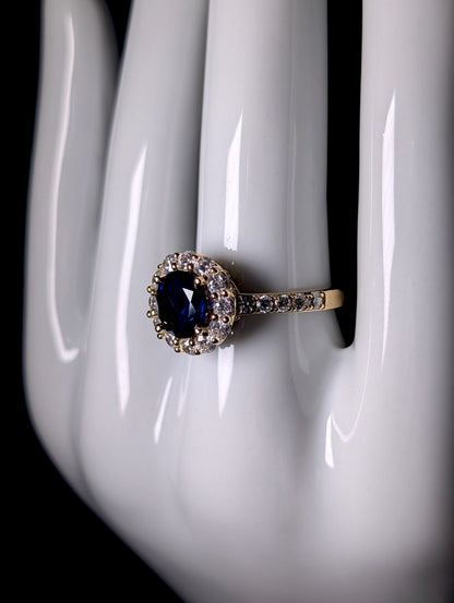 Vintage Round Cut Genuine Blue Sapphire Solitaire with Simulated Diamond Halo 10k Gold over Sterling Silver Ring