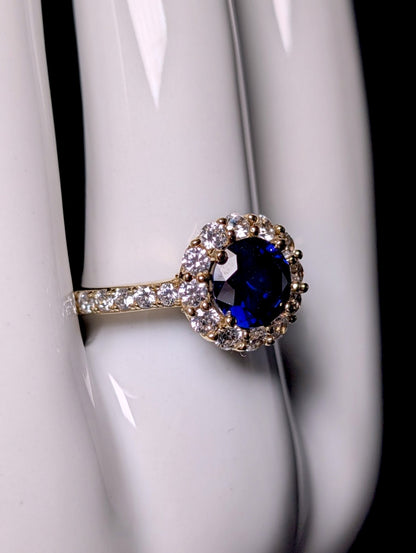 Vintage Round Cut Genuine Blue Sapphire Solitaire with Simulated Diamond Halo 10k Gold over Sterling Silver Ring