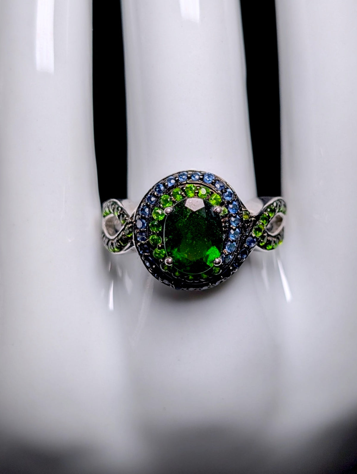 Vintage Oval Cut Genuine Chrome Diopside Solitaire with Sapphire Halo Sterling Silver Cross Over Black Rhodium Ring