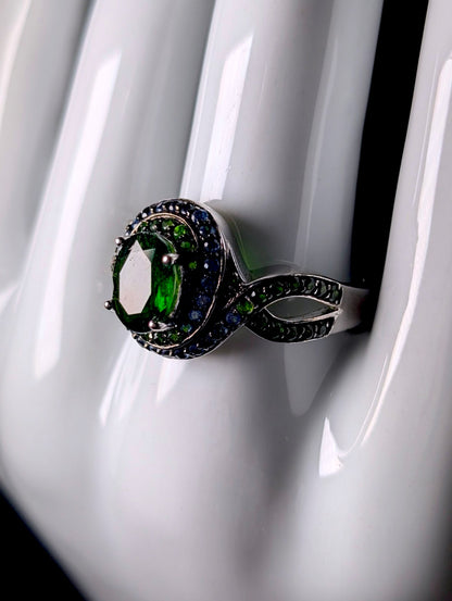 Vintage Oval Cut Genuine Chrome Diopside Solitaire with Sapphire Halo Sterling Silver Cross Over Black Rhodium Ring