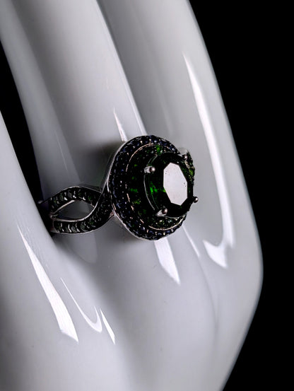 Vintage Oval Cut Genuine Chrome Diopside Solitaire with Sapphire Halo Sterling Silver Cross Over Black Rhodium Ring