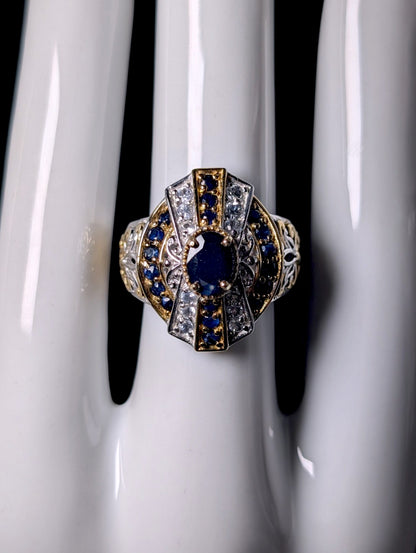 Vintage Art Deco Inspired Genuine Blue Sapphire and White Topaz 18K Gold and Sterling Silver Designer Heng Ngai Ring