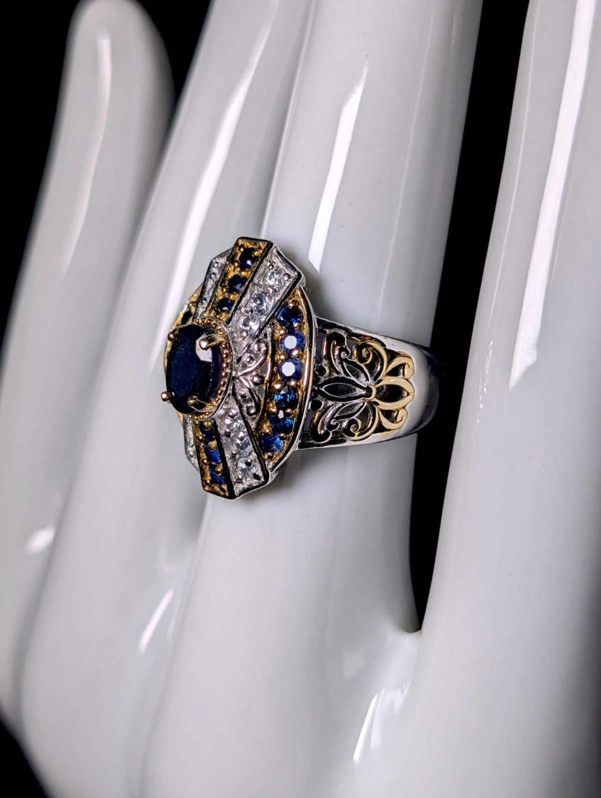 Vintage Art Deco Inspired Genuine Blue Sapphire and White Topaz 18K Gold and Sterling Silver Designer Heng Ngai Ring