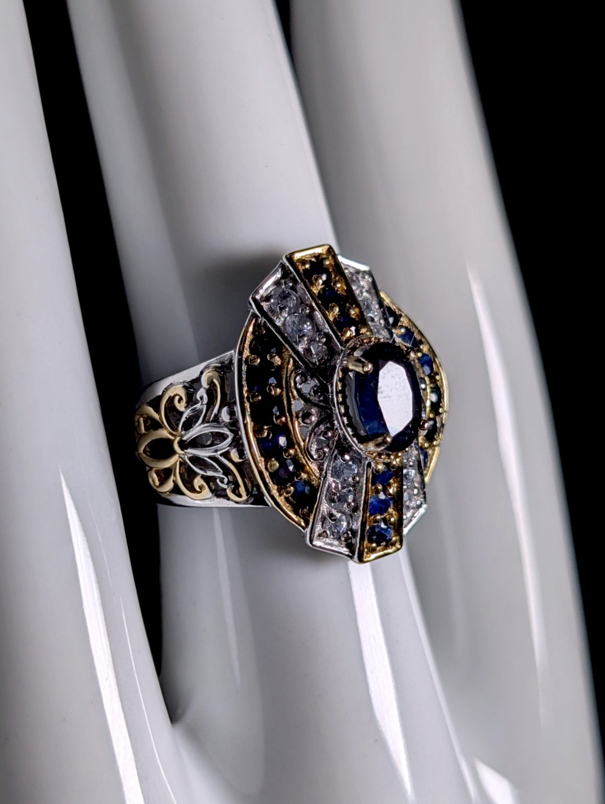 Vintage Art Deco Inspired Genuine Blue Sapphire and White Topaz 18K Gold and Sterling Silver Designer Heng Ngai Ring