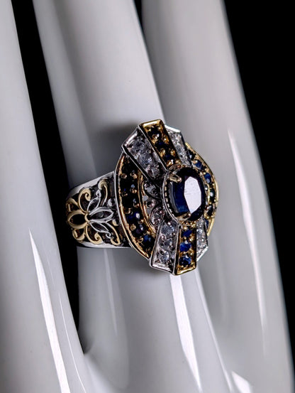 Vintage Art Deco Inspired Genuine Blue Sapphire and White Topaz 18K Gold and Sterling Silver Designer Heng Ngai Ring