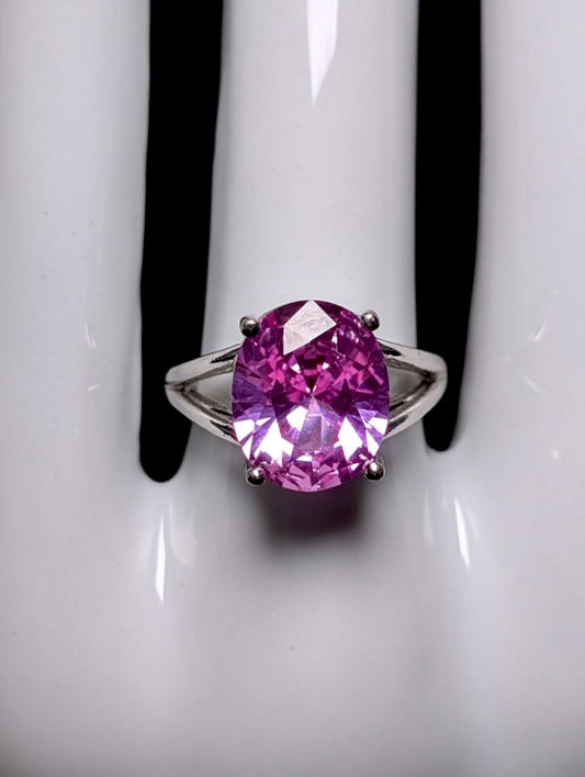 Vintage Large Genuine Pink Sapphire Solitaire Split Shank Sterling Silver Ring