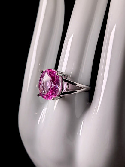 Vintage Large Genuine Pink Sapphire Solitaire Split Shank Sterling Silver Ring