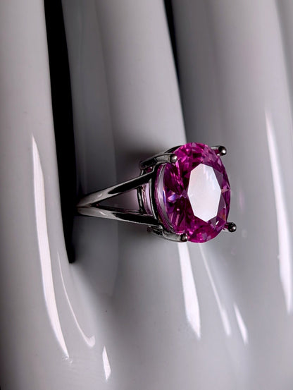 Vintage Large Genuine Pink Sapphire Solitaire Split Shank Sterling Silver Ring