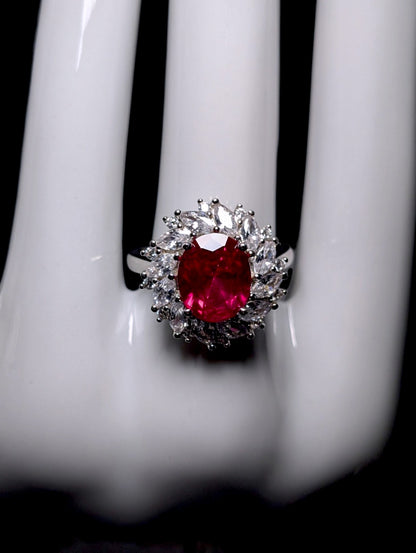 Vintage Oval Cut Genuine Ruby Solitaire with Simulated Diamond Halo Sterling Silver Statement Ring