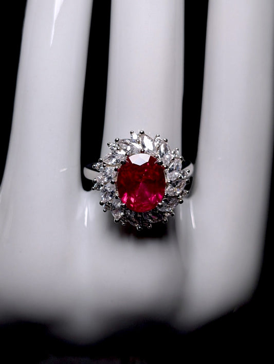 Vintage Oval Cut Genuine Ruby Solitaire with Simulated Diamond Halo Sterling Silver Statement Ring