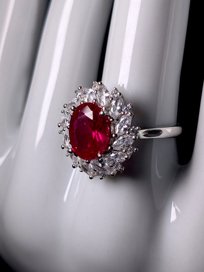 Vintage Oval Cut Genuine Ruby Solitaire with Simulated Diamond Halo Sterling Silver Statement Ring