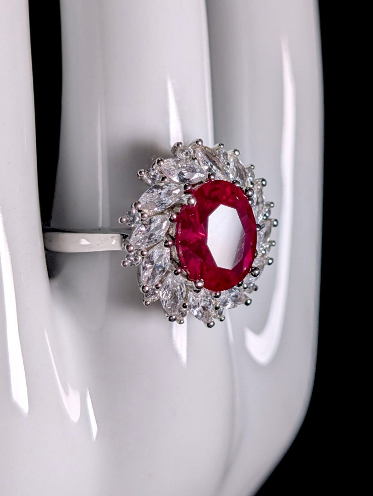 Vintage Oval Cut Genuine Ruby Solitaire with Simulated Diamond Halo Sterling Silver Statement Ring