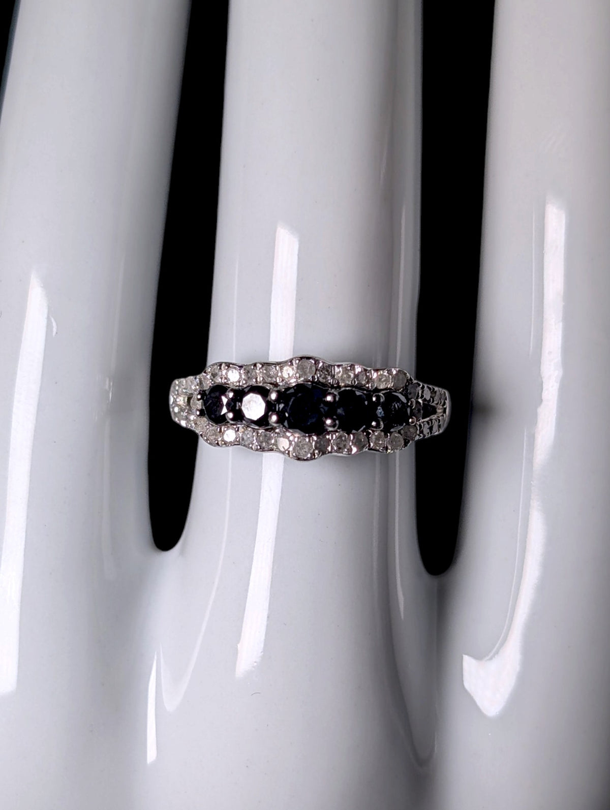 Vintage Edwardian Inspired Genuine Black and White Diamond Sterling Silver Stackable Band Ring