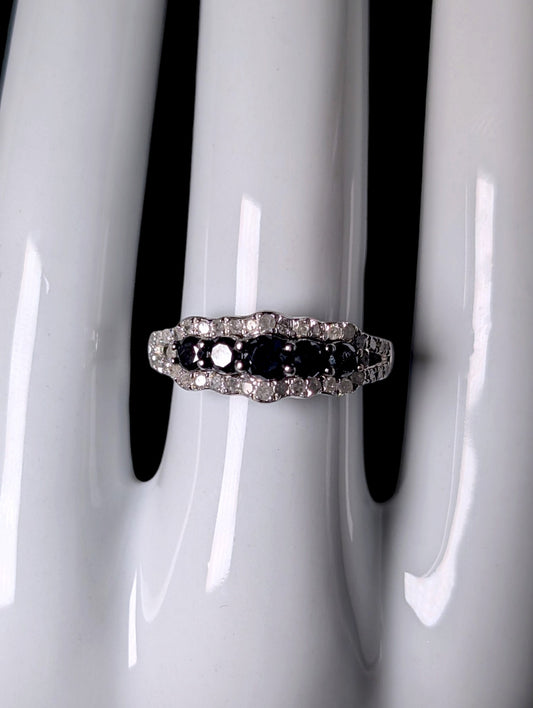Vintage Edwardian Inspired Genuine Black and White Diamond Sterling Silver Stackable Band Ring