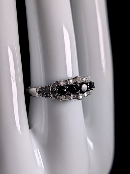 Vintage Edwardian Inspired Genuine Black and White Diamond Sterling Silver Stackable Band Ring
