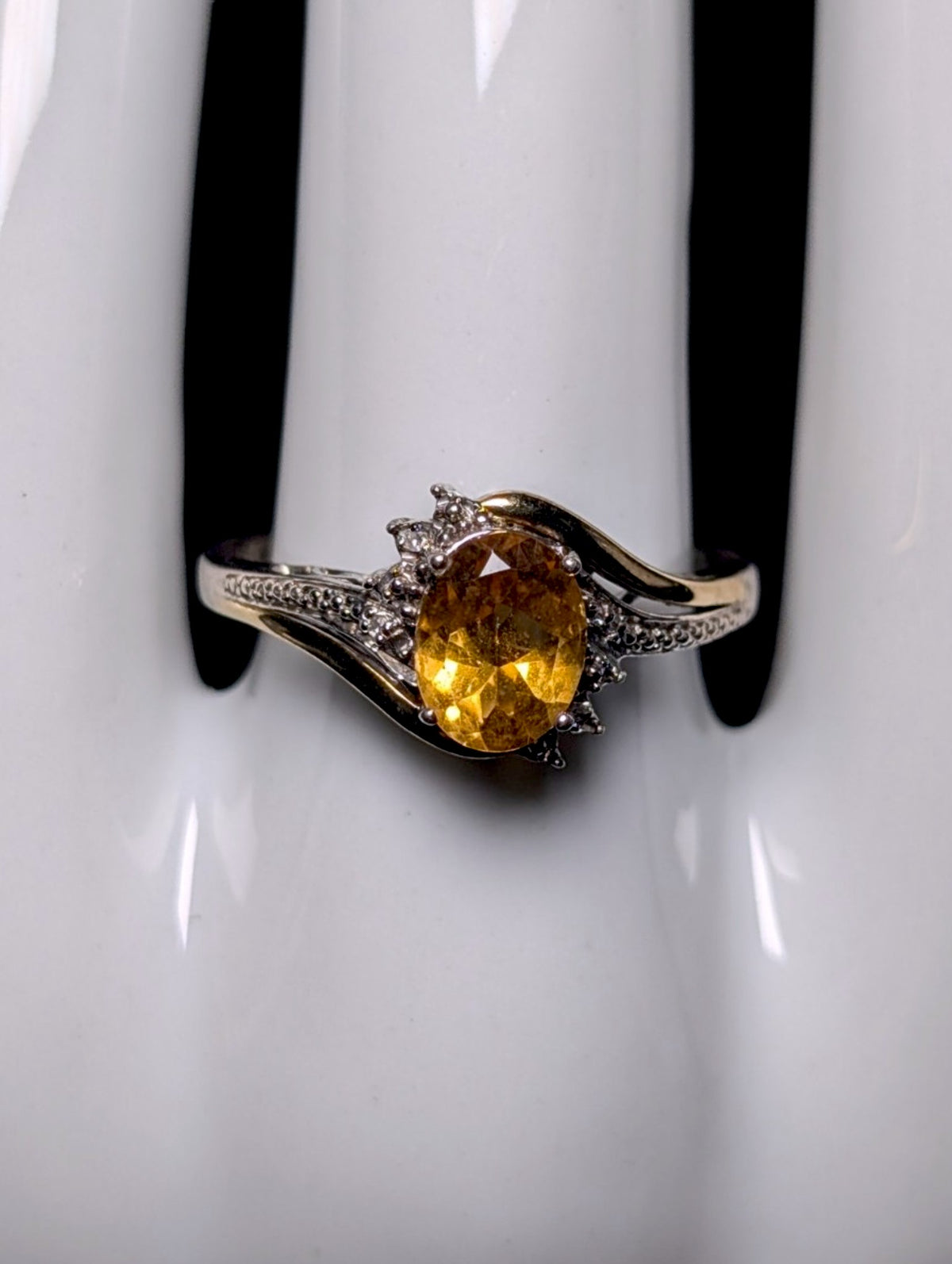 Vintage Oval Cut Genuine Golden Citrine Solitaire, Diamond Accents 10k Gold over Sterling Silver Ring