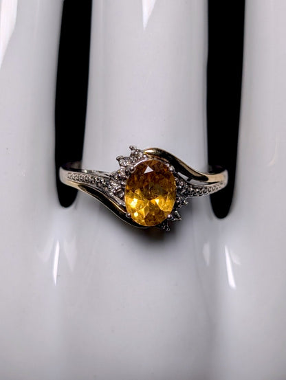 Vintage Oval Cut Genuine Golden Citrine Solitaire, Diamond Accents 10k Gold over Sterling Silver Ring