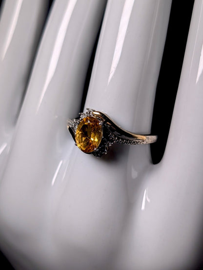 Vintage Oval Cut Genuine Golden Citrine Solitaire, Diamond Accents 10k Gold over Sterling Silver Ring