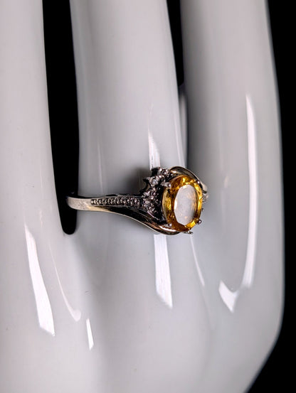 Vintage Oval Cut Genuine Golden Citrine Solitaire, Diamond Accents 10k Gold over Sterling Silver Ring